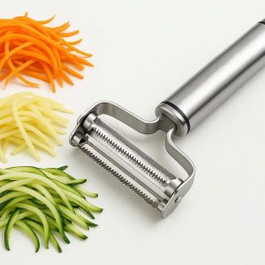 Julienne Peeler for Vegetable Pasta Stainless Steel Dual Blades Cutter for Carrots Potatoes Zucchini with Non Slip Handle Silver Design