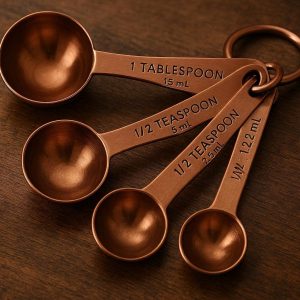 22 Heavy Duty Copper Finished Measuring Spoons Set of 4 Engraved Metal Spoons with Ring for Elegant Kitchen Decor and Precise Baking
