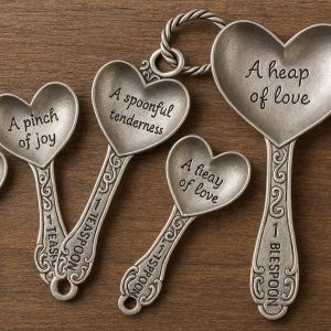24 Heart Shaped Measuring Spoons Set of 4 Decorative Metal Spoons with Engraved Love Quotes for Wedding Favors and Baking Gifts Silver