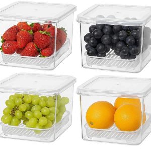 Refrigerator Storage Bins with Removable Drain Trays Set of 4 Clear Produce Saver Containers with Lids for Keeping Fruits Fresh