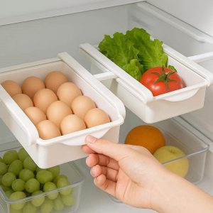 Pull Out Fridge Drawer Organizer Retractable Refrigerator Storage Box Hanging Drawer for Eggs Vegetables Fruit Space Saving Design White