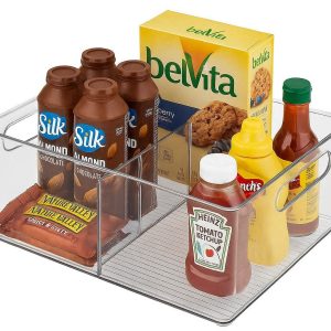 Large Fridge Storage Bin with Dividers Clear Plastic Refrigerator Organizer for Packaged Foods Snacks and Condiments with Built in Handles